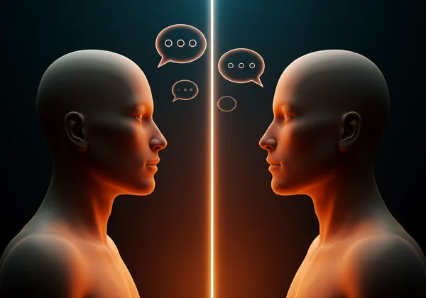 People communicating with speech bubbles and boundary lines.