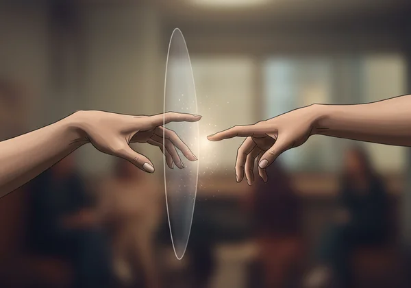 Figure pushing away hands in a dating context.