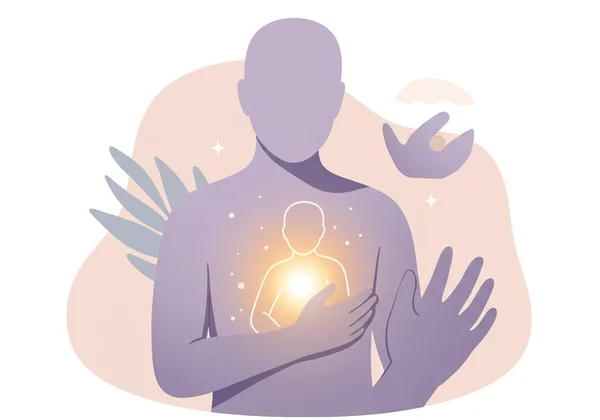 Person gently embracing their inner self, seeking support.