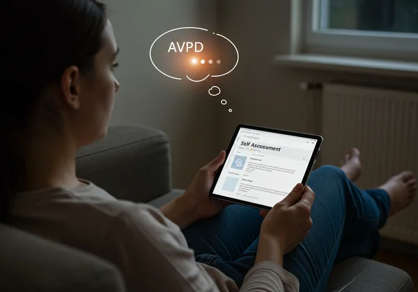 A person thoughtfully reviewing an online AVPD assessment on a tablet