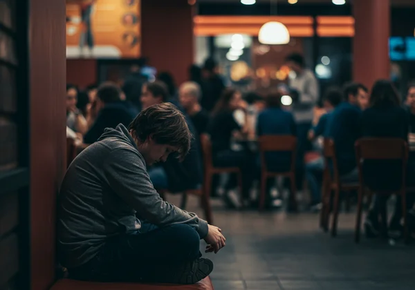 A person sitting alone, feeling isolated in a bustling social setting