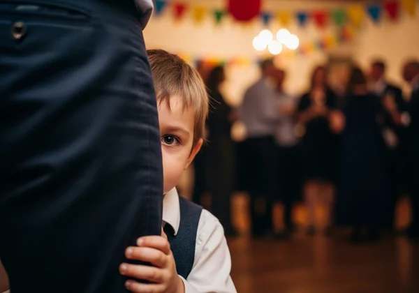 Shy child peeking from behind an adult or object.