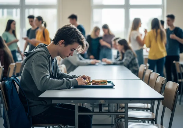 Teenager isolated in a group, looking sad or left out.