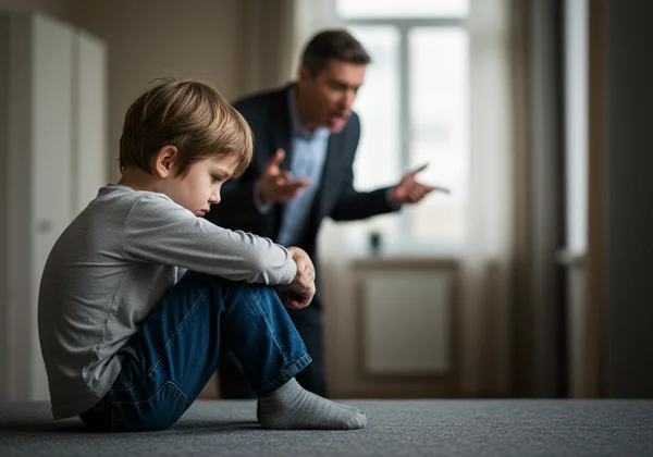 Child looking sad while parent criticizes in background