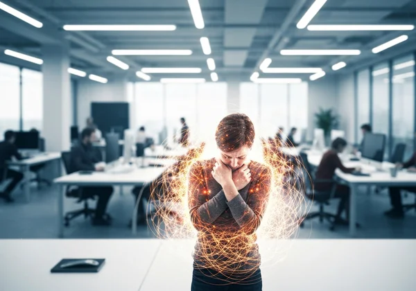 Person feeling overwhelmed in an open office environment