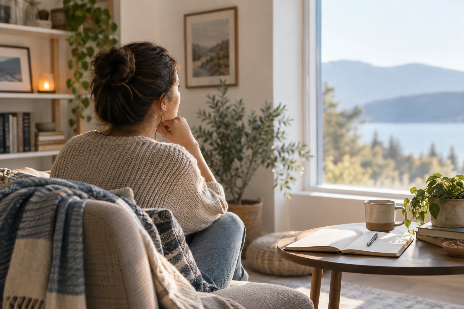 Calm person reflecting by a window